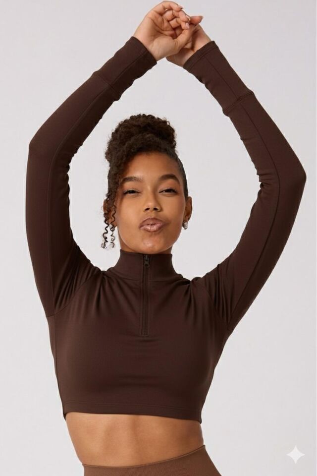 Fermuarlı Parmak Detaylı Uzun Kollu Crop