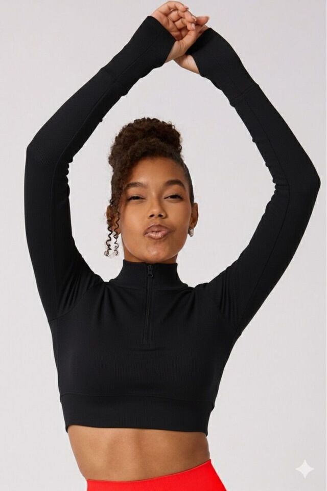 Fermuarlı Parmak Detaylı Uzun Kollu Crop