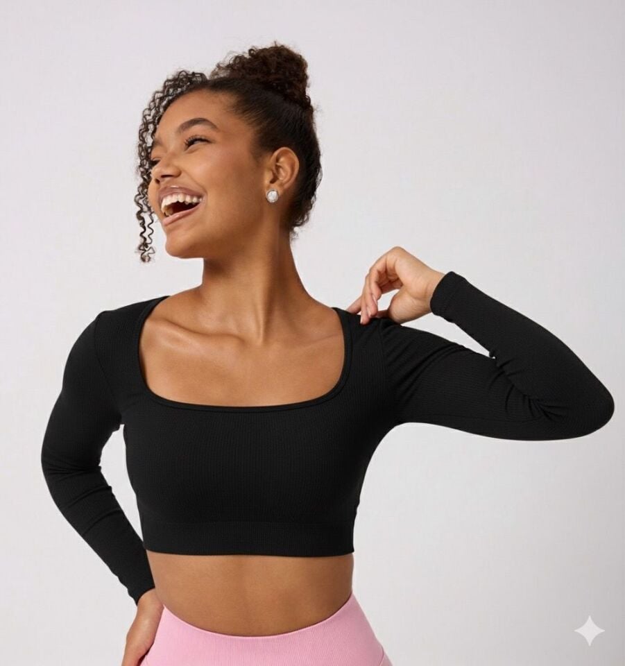 Parmak Detaylı Uzun Kollu Crop